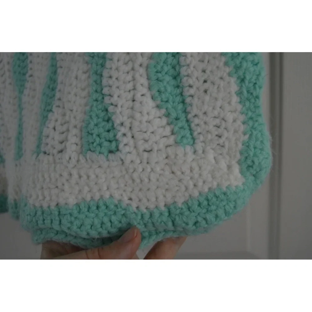 Vintage Baby Blanket Knit Throw Nursery Decor Green White Scalloped Handmade